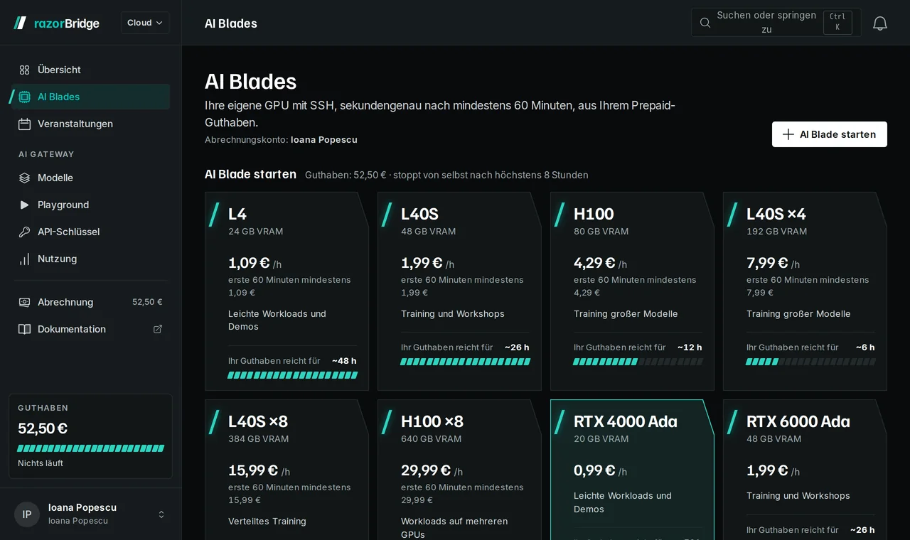 Die GPU-Seite im razorBridge Hub: eine Karte pro GPU-Klasse mit Stundenpreis, Mindestabrechnung und Start-Schaltfläche.