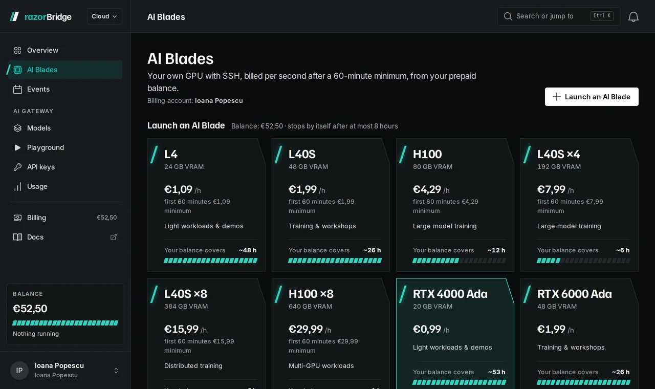 The razorBridge Hub GPUs page: a card per GPU class with its hourly price and billing minimum, and a Launch button.
