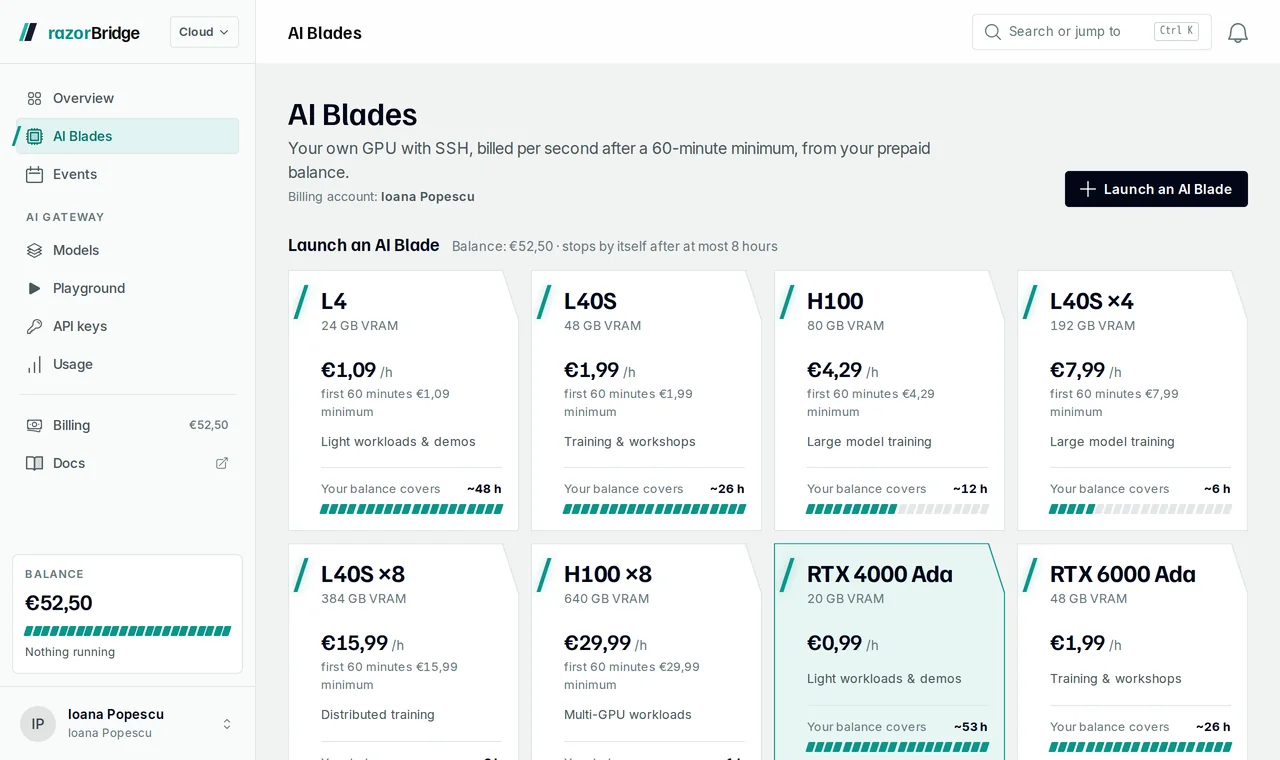 The razorBridge Hub GPUs page: a card per GPU class with its hourly price and billing minimum, and a Launch button.