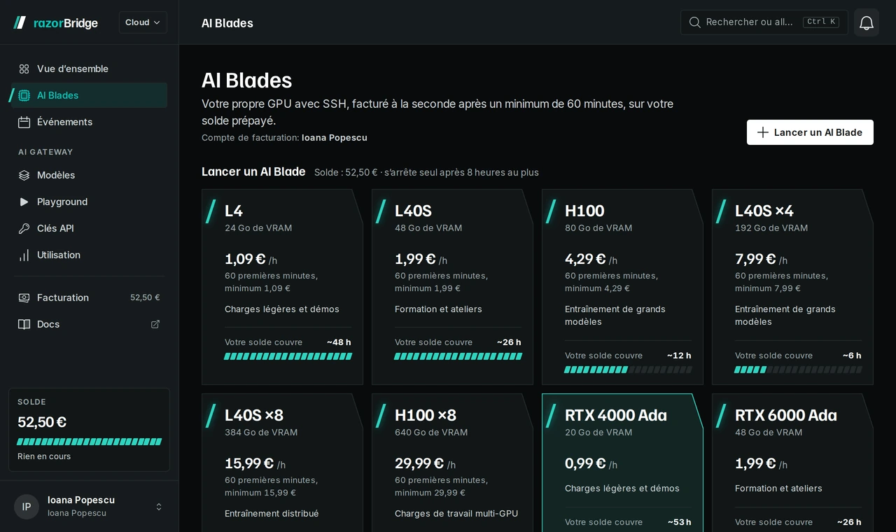 La page GPU du Hub razorBridge : une carte par classe de GPU avec son prix horaire, son minimum de facturation et un bouton de lancement.