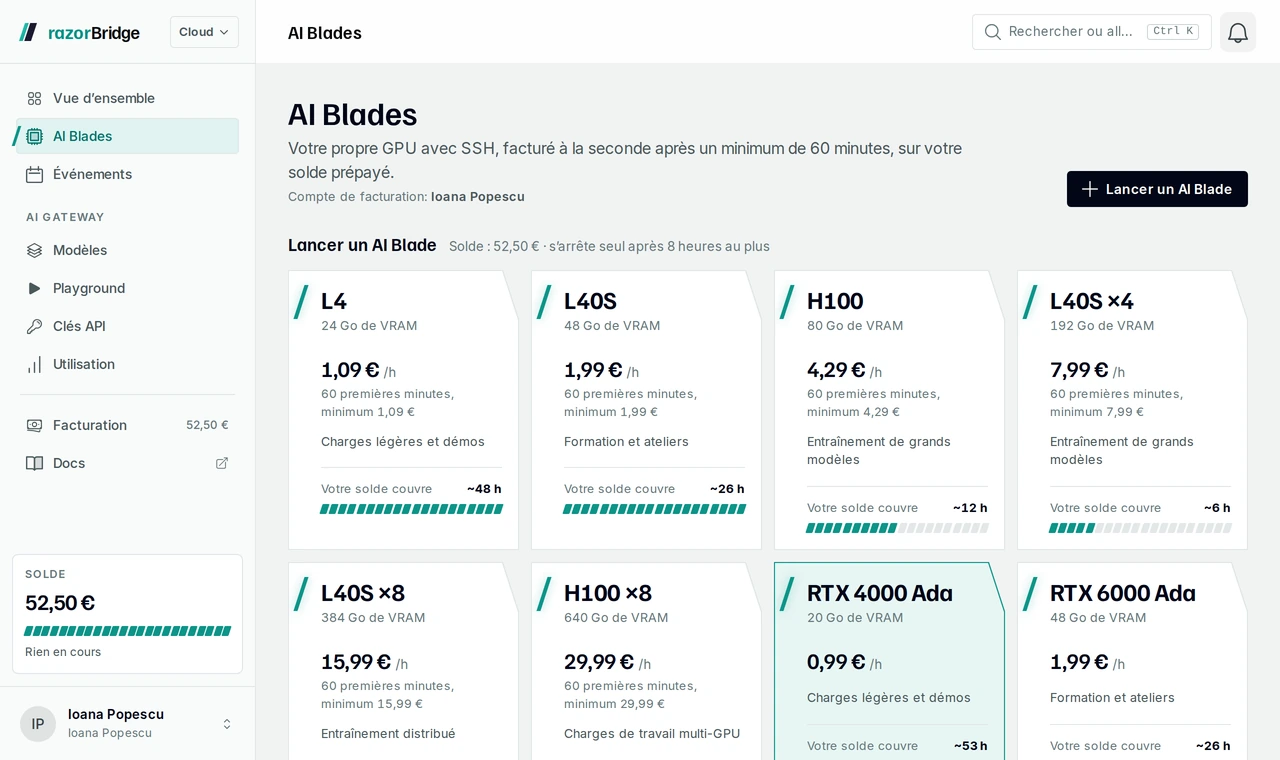 La page GPU du Hub razorBridge : une carte par classe de GPU avec son prix horaire, son minimum de facturation et un bouton de lancement.