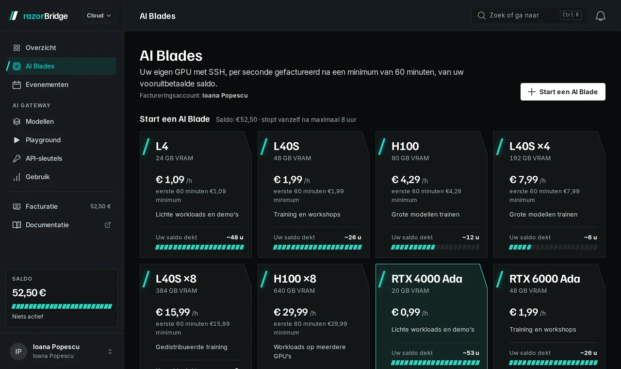 De GPU-pagina van de razorBridge Hub: een kaart per GPU-klasse met de uurprijs, het factureringsminimum en een startknop.