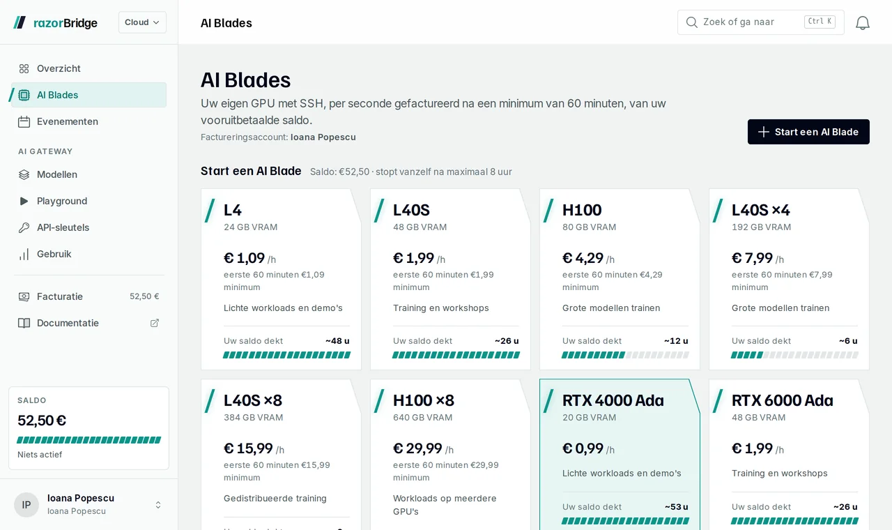De GPU-pagina van de razorBridge Hub: een kaart per GPU-klasse met de uurprijs, het factureringsminimum en een startknop.