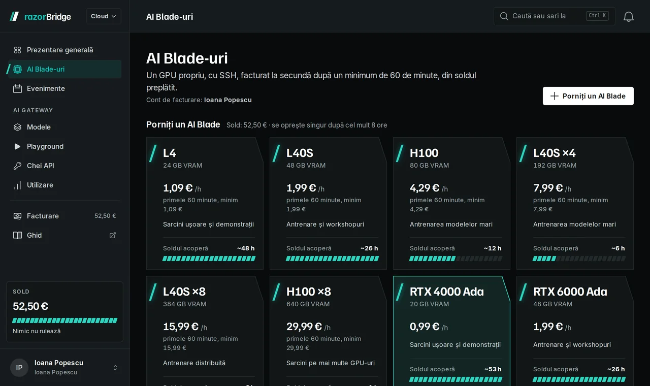 Pagina de GPU-uri din Hub-ul razorBridge: câte un card pentru fiecare clasă de GPU, cu prețul pe oră, durata minimă facturată și un buton de pornire.
