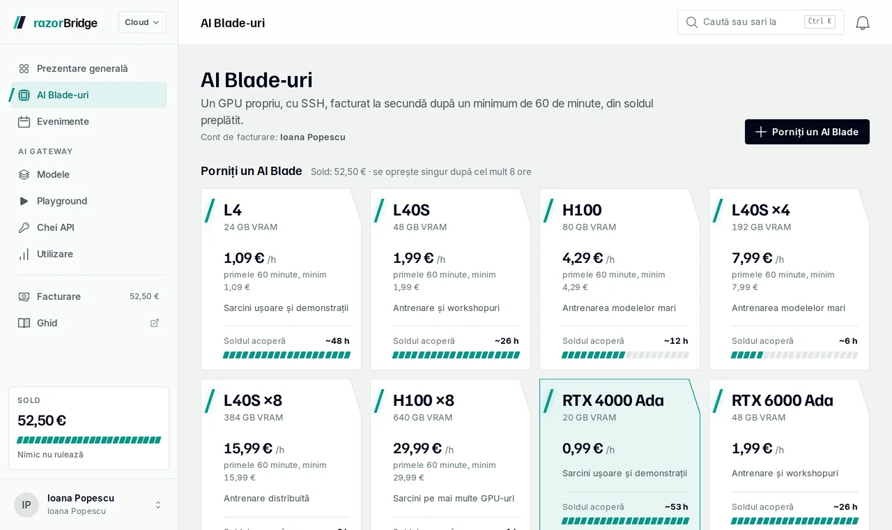 Pagina de GPU-uri din Hub-ul razorBridge: câte un card pentru fiecare clasă de GPU, cu prețul pe oră, durata minimă facturată și un buton de pornire.
