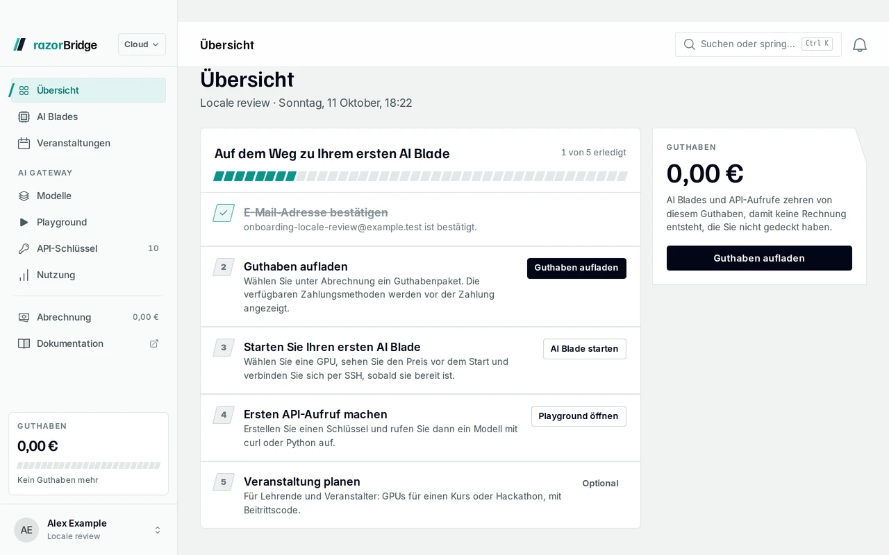 Die Übersicht im razorBridge Hub für ein neues Konto: die Schritte von der bestätigten E-Mail bis zur ersten GPU.