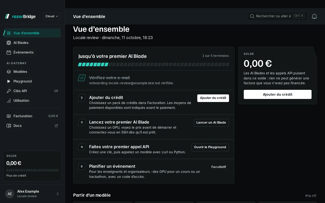 La vue d'ensemble du Hub razorBridge pour un nouveau compte : les étapes de l'e-mail vérifié au premier GPU.