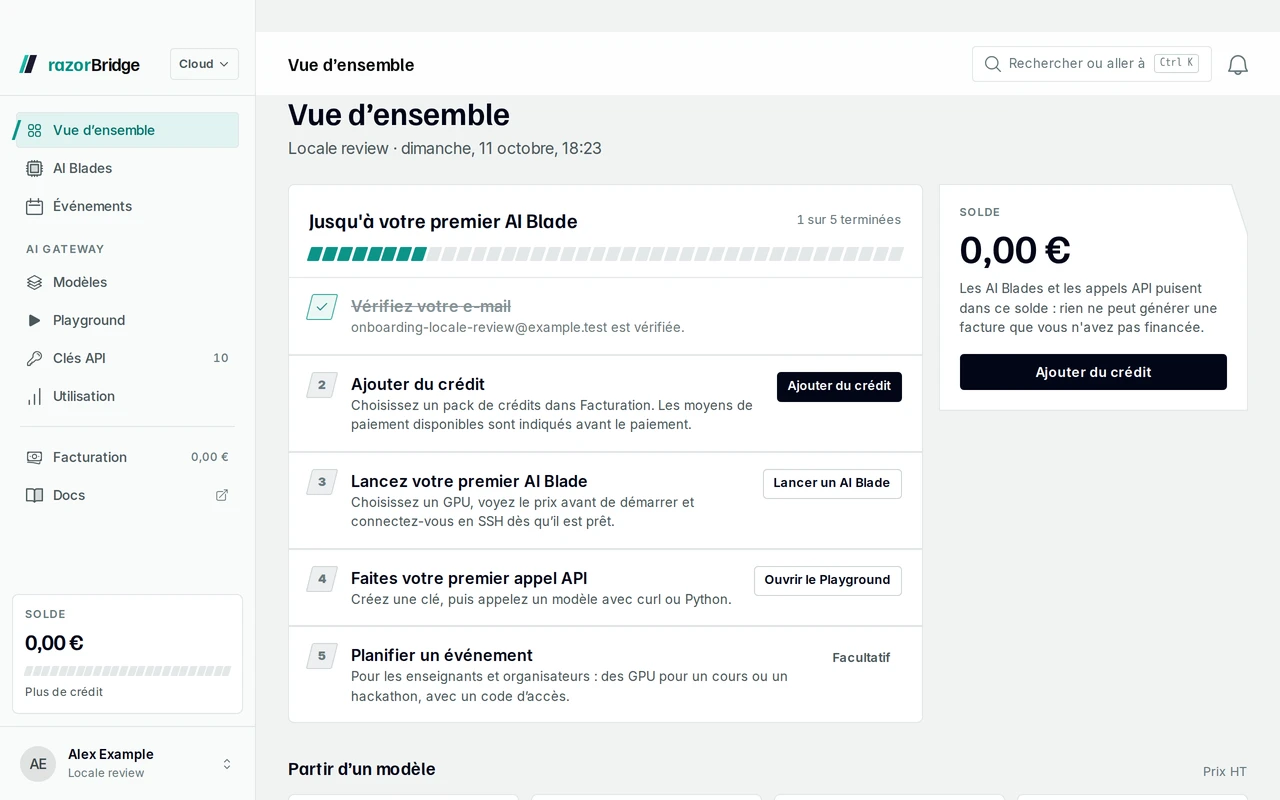 La vue d'ensemble du Hub razorBridge pour un nouveau compte : les étapes de l'e-mail vérifié au premier GPU.