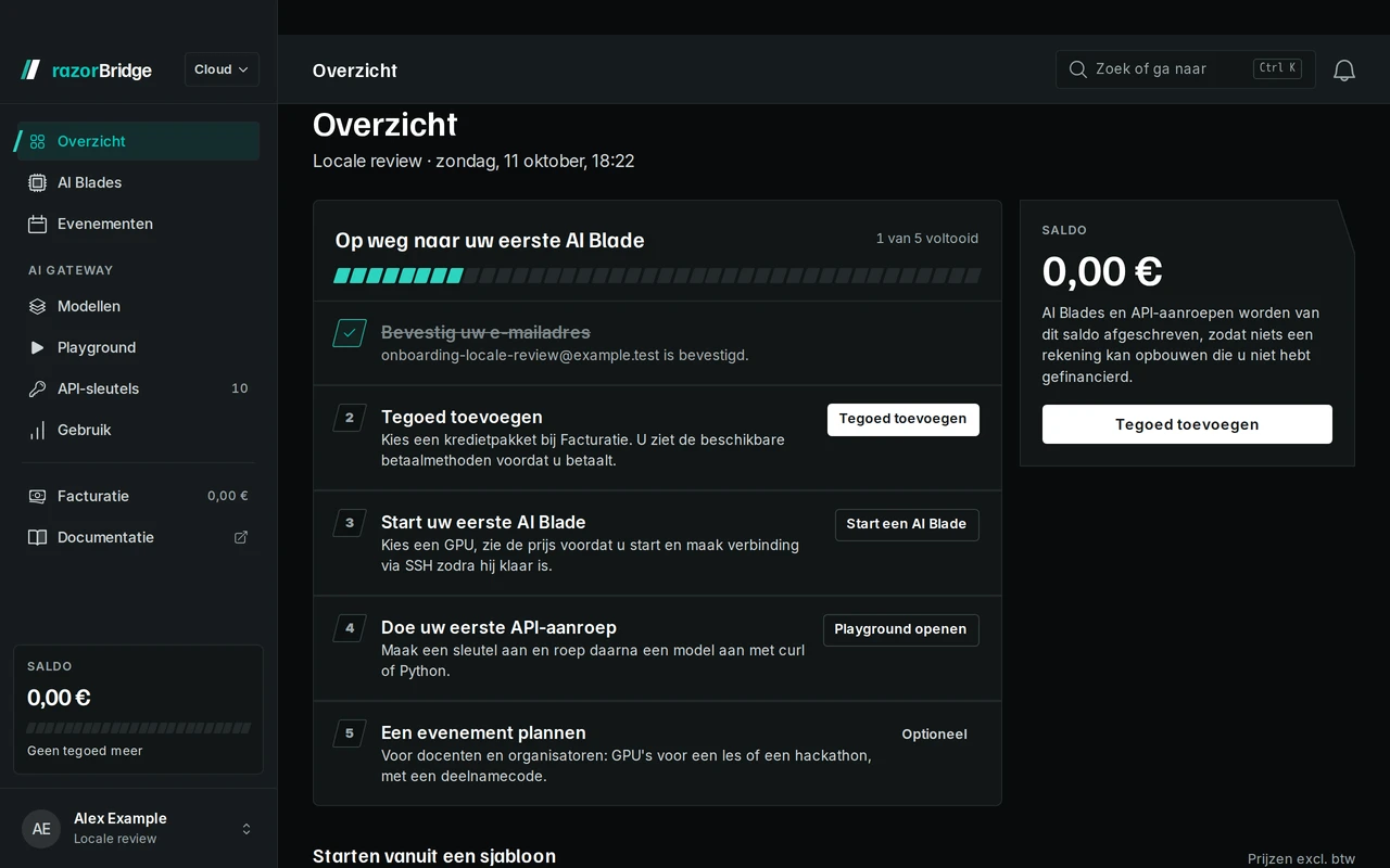Het overzicht in de razorBridge Hub voor een nieuw account: de stappen van een geverifieerd e-mailadres tot een eerste GPU.