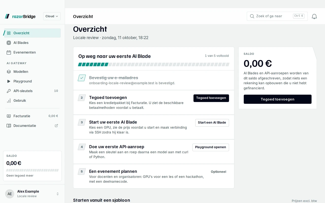 Het overzicht in de razorBridge Hub voor een nieuw account: de stappen van een geverifieerd e-mailadres tot een eerste GPU.
