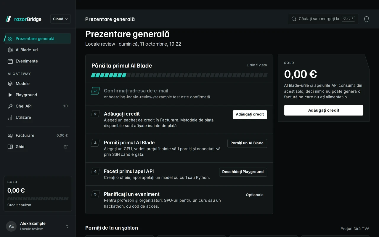 Prezentarea generală din Hub-ul razorBridge pentru un cont nou: pașii de la e-mailul verificat la primul GPU.