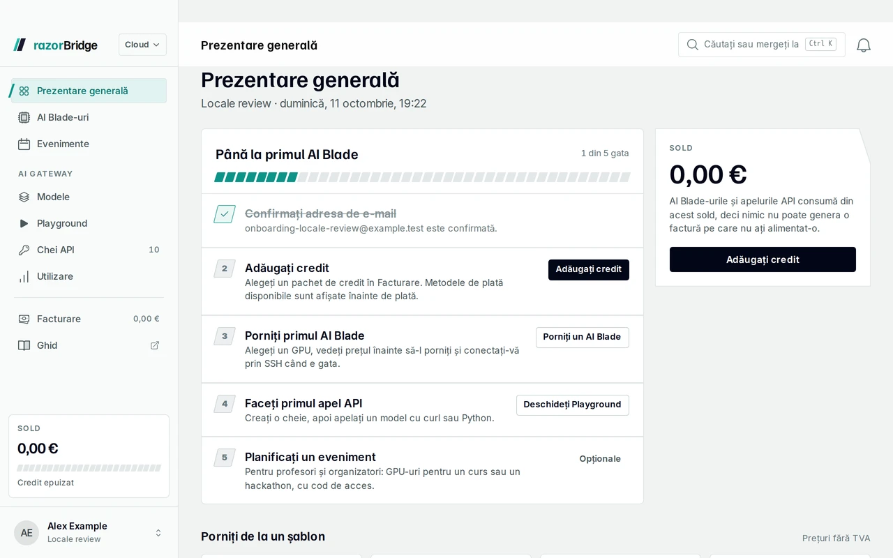 Prezentarea generală din Hub-ul razorBridge pentru un cont nou: pașii de la e-mailul verificat la primul GPU.