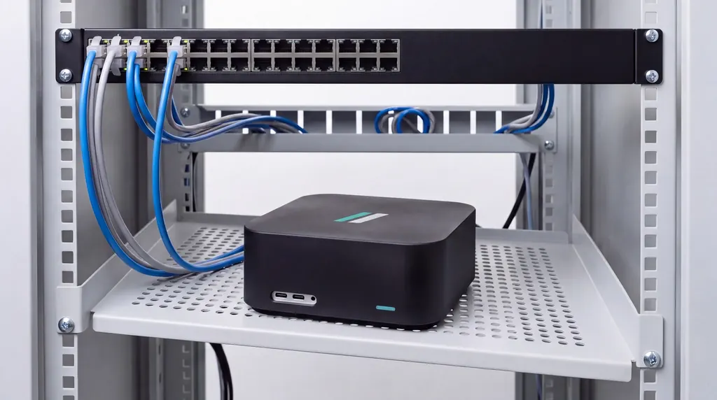 Design render: the black Outpost on the shelf of a light-grey network cabinet, below a rack switch.
